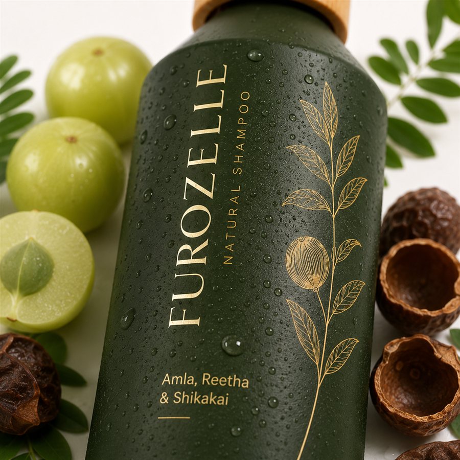 The Furozelle bottle among whole amla fruits and soapnuts