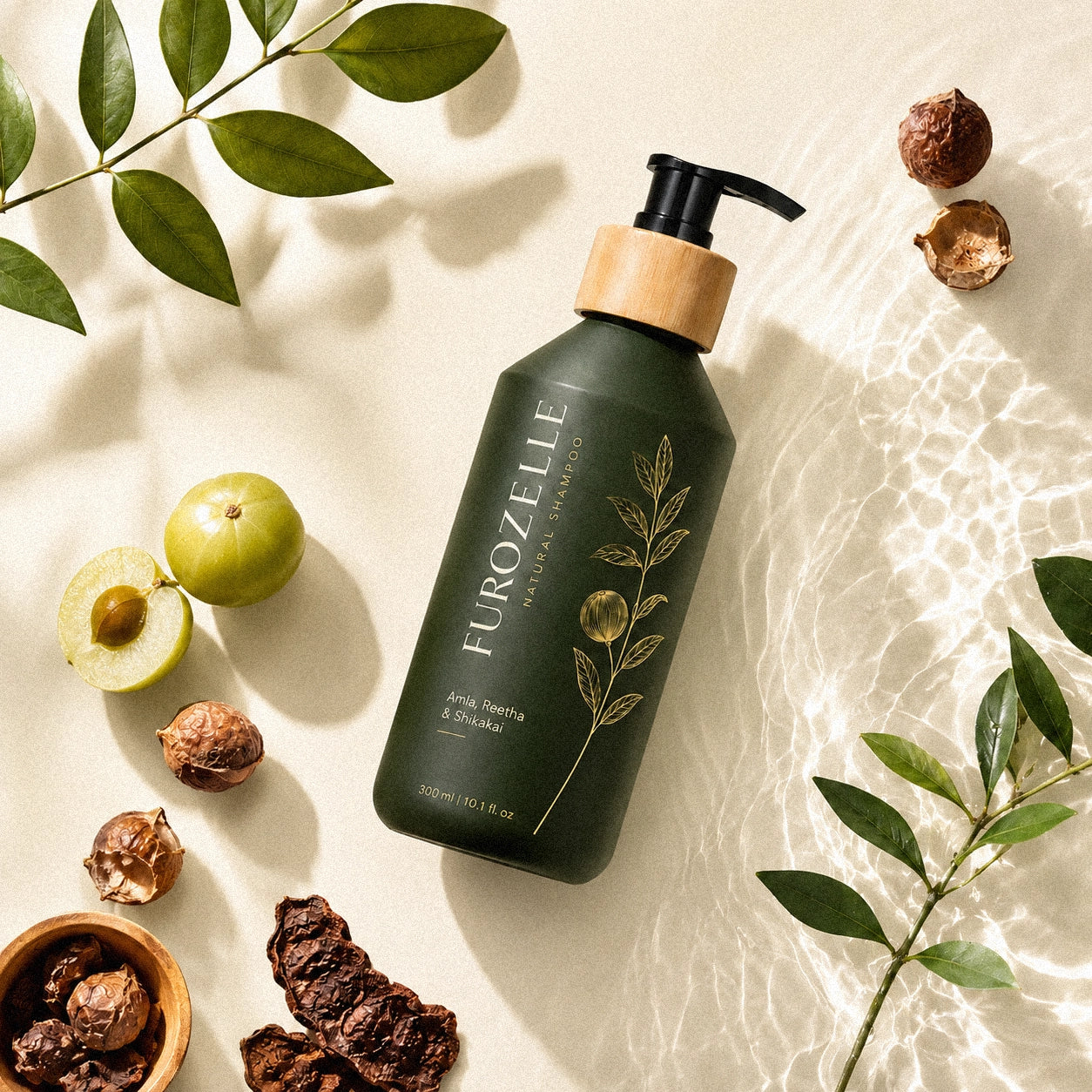 Amla, reetha and shikakai botanicals laid out